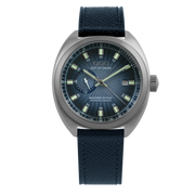 Orologio automatico unisex con quadrante blu sole e cinturino in pelle scura, cassa tonda acciaio