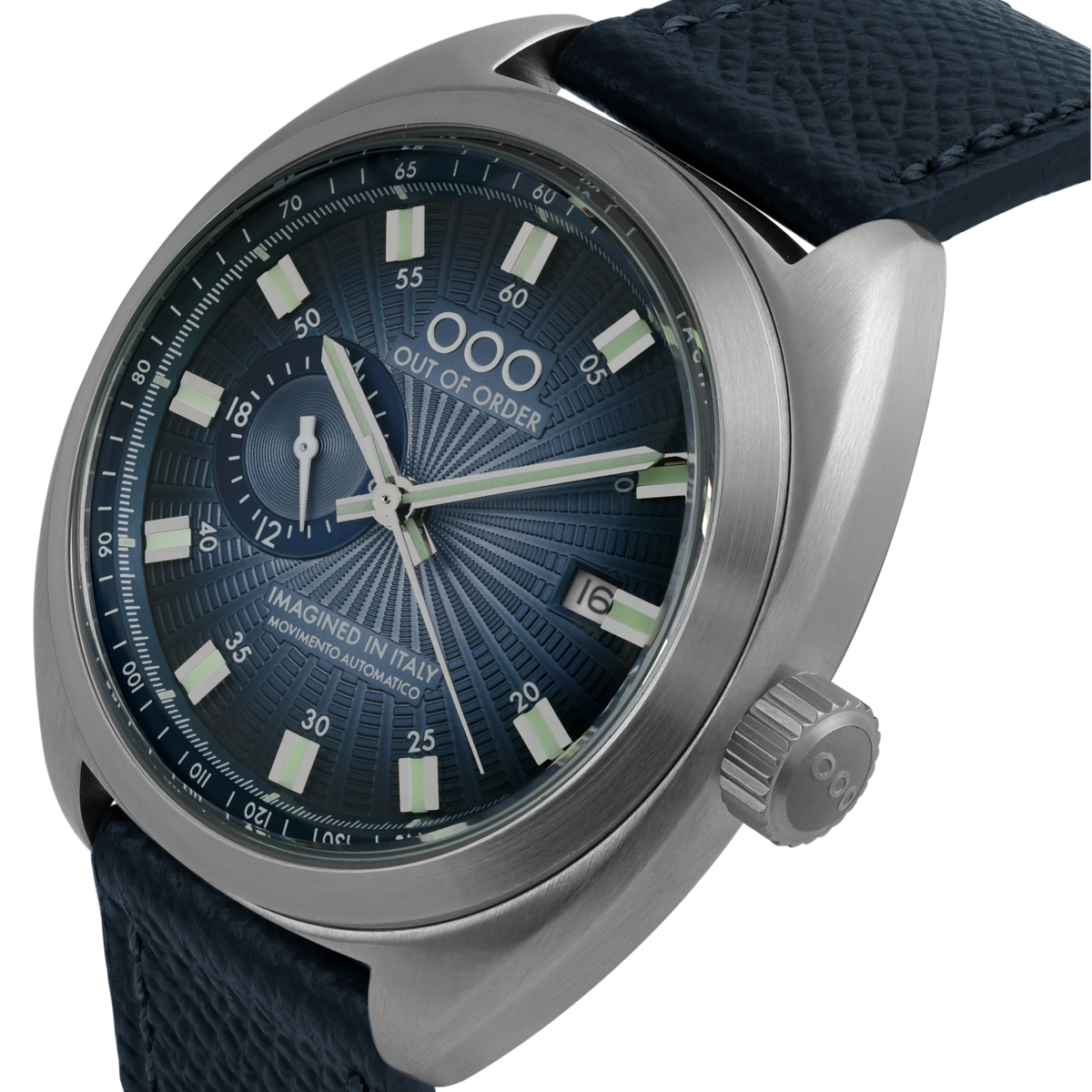 Orologio automatico con quadrante blu a raggi e cinturino in pelle scura, corona zigrinata