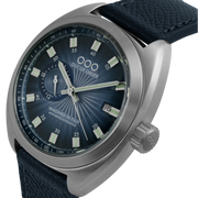 Orologio automatico con quadrante blu a raggi e cinturino in pelle scura, corona zigrinata