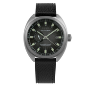 Orologio automatico unisex con quadrante nero guilloché e cinturino in pelle nera.