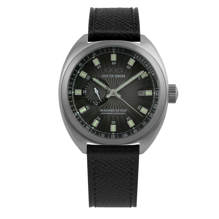 Out Of Order Torpedine Eclipse Automatico Unisex 42 mm Acciaio Vintage Quadrante Nero Guilloché Vetro Bombato Miyota 8217 Pelle Nera 100 m Ref. OOO.001-31.NE.GU.