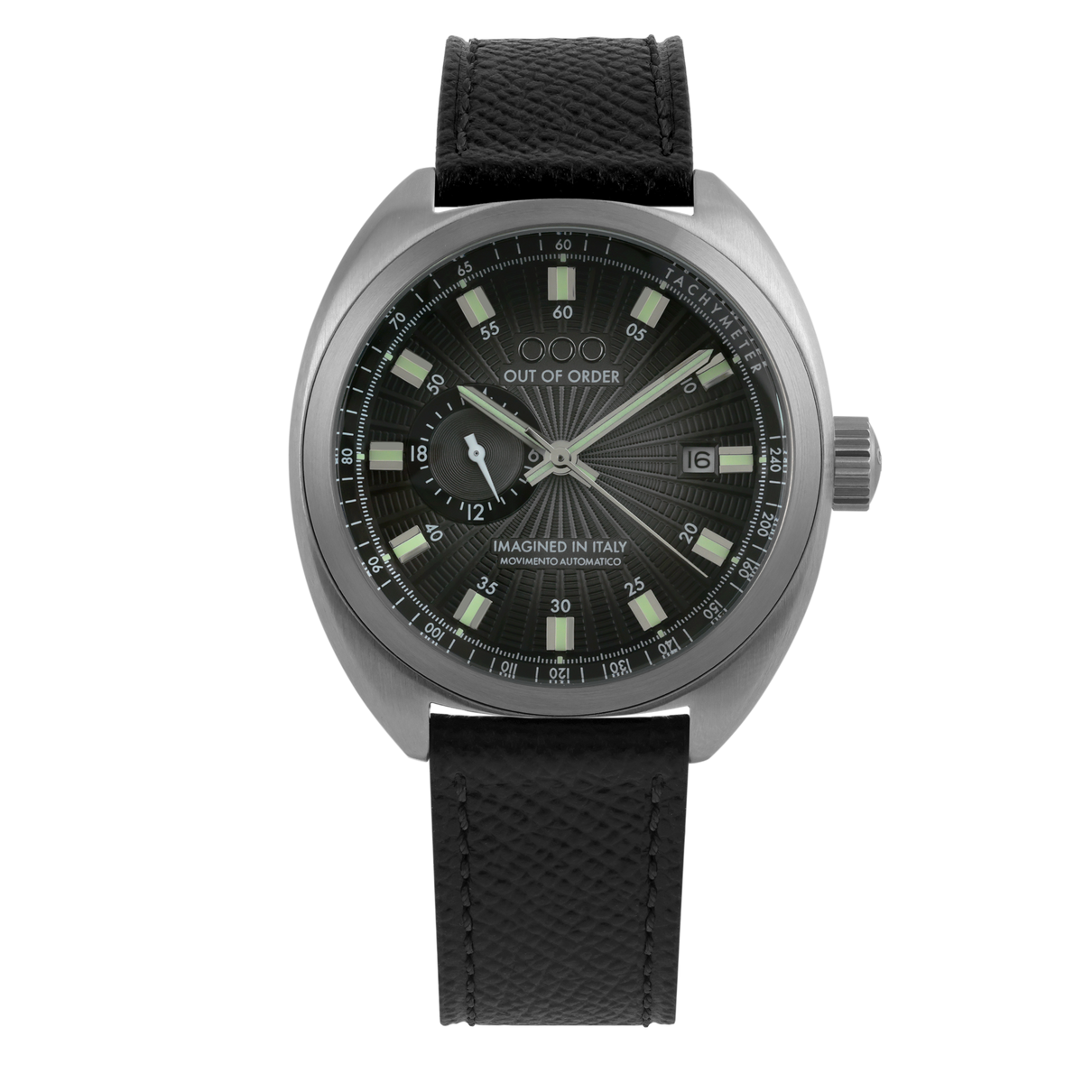 Orologio automatico unisex con vetro bombato, quadrante nero guilloché e cinturino in pelle.