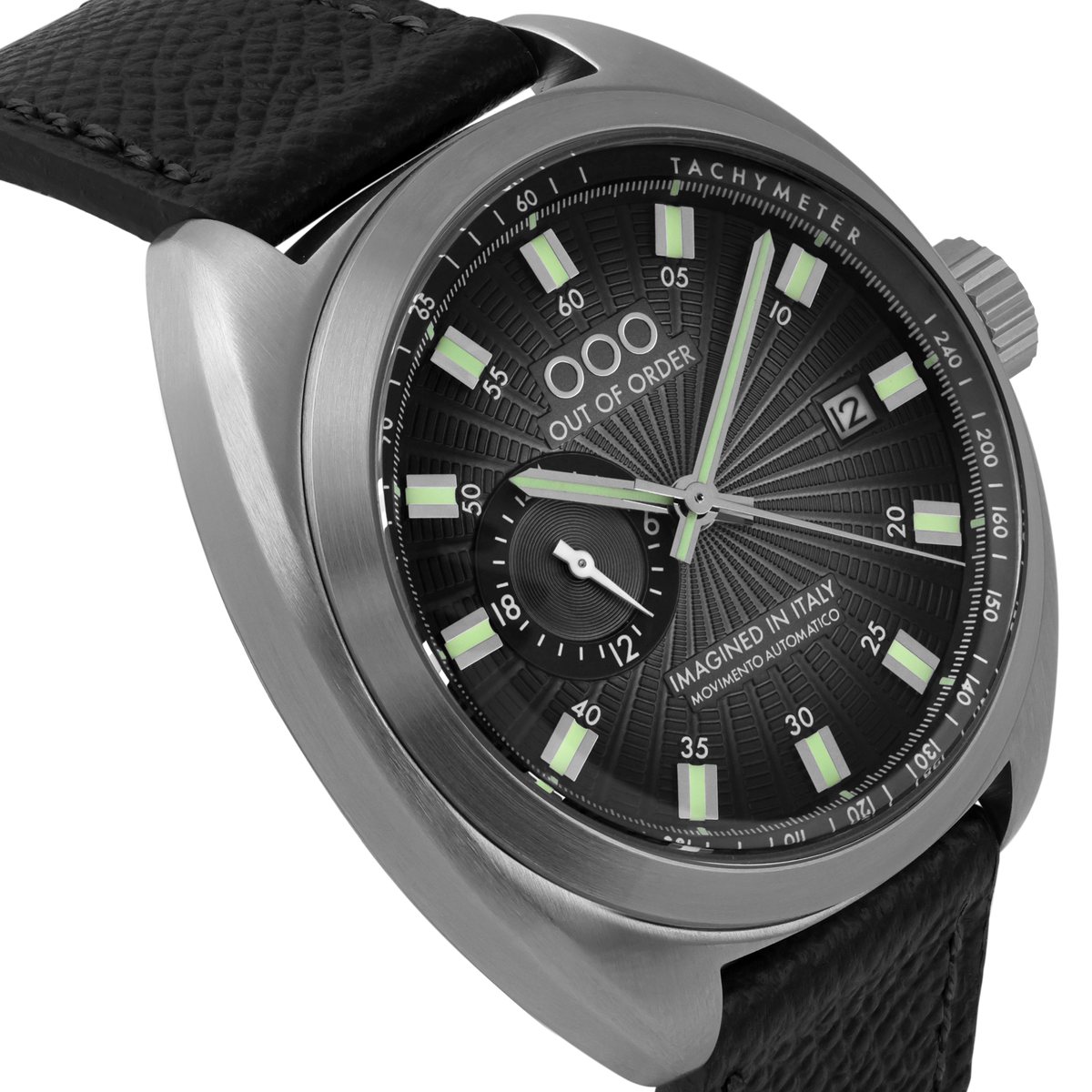 Orologio automatico unisex in acciaio con lunetta tachimetro e quadrante nero.