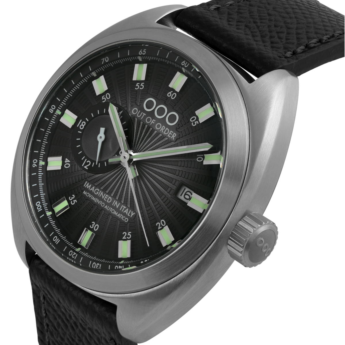 Orologio automatico unisex con quadrante nero e indici verdi luminosi.
