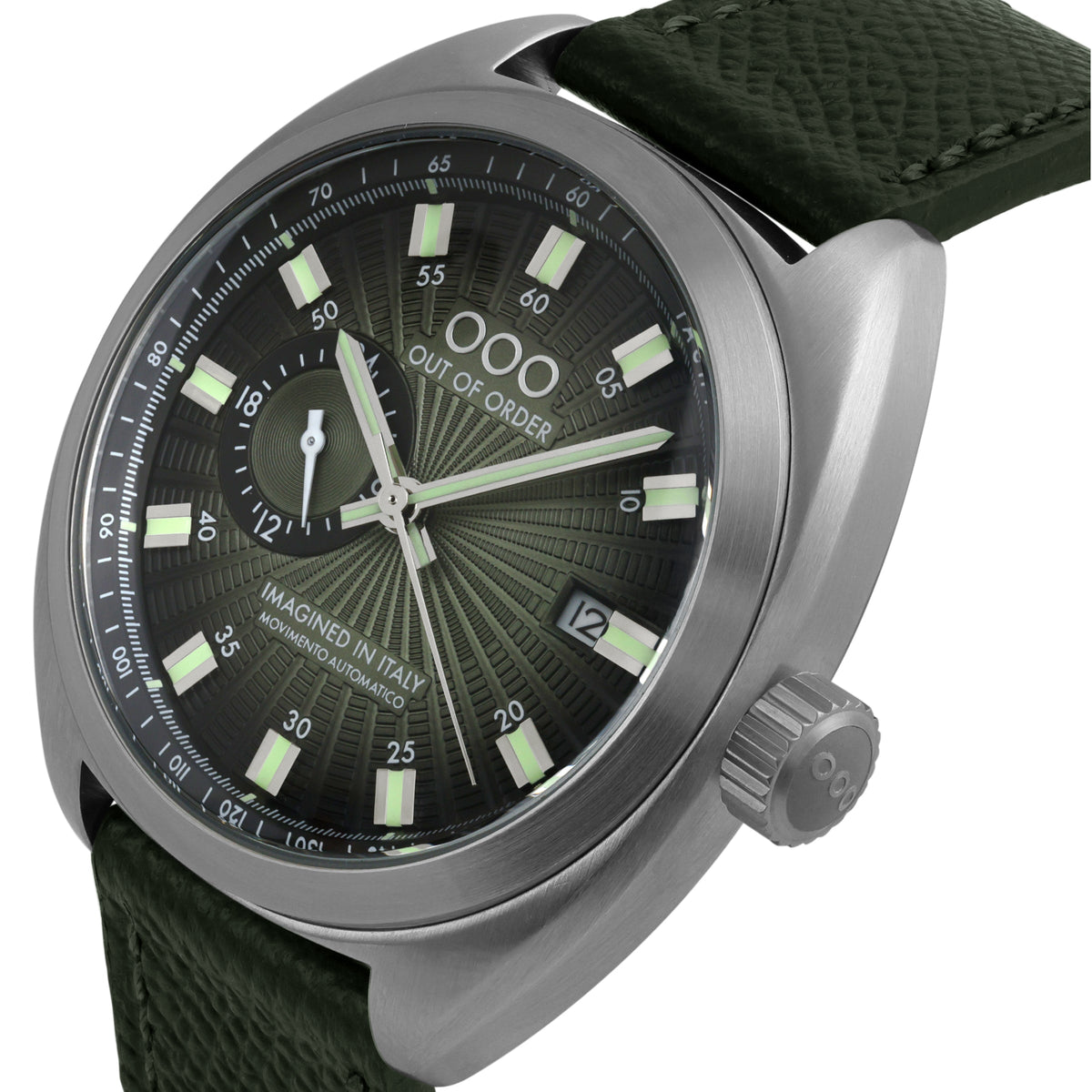 Orologio automatico 42 mm con quadrante nero e accenti verdi, cinturino in pelle verde.