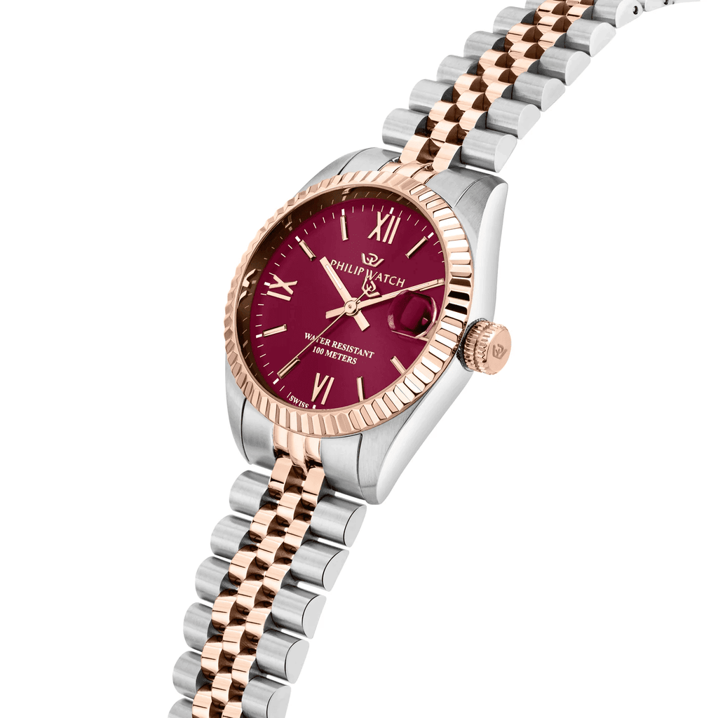 Orologio donna Philip Watch con quadrante rosso bordeaux, numeri romani e bracciale acciaio