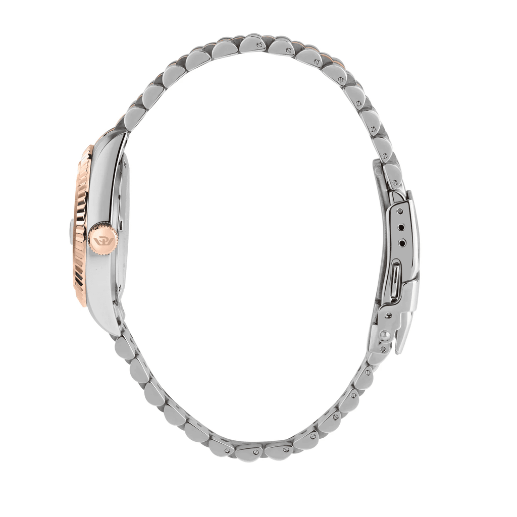 Orologio donna vista laterale, bracciale d'acciaio con dettagli rosé, corona a sinistra