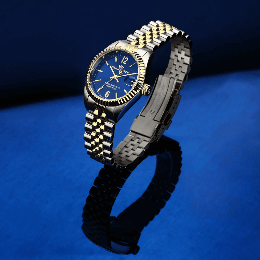 Orologio Philip Watch Caribe con quadrante blu e bracciale a maglie bicolore acciaio oro