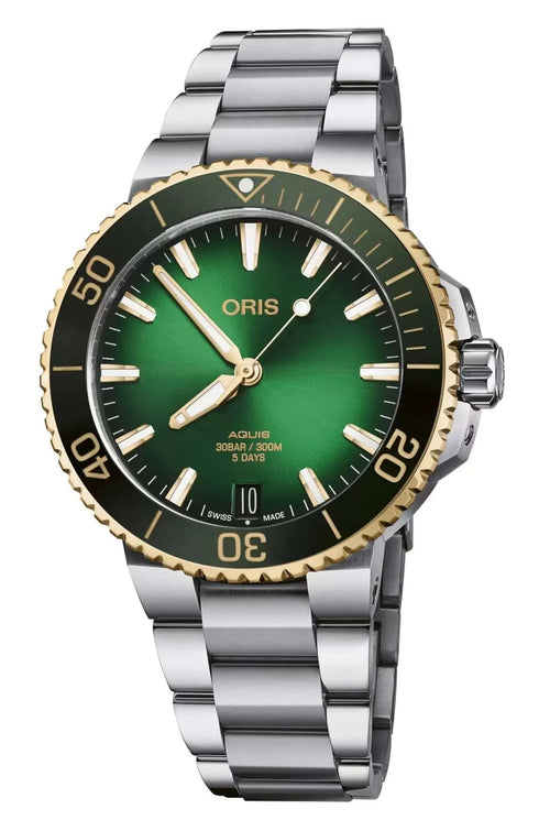 Orologio subacqueo ORIS con quadrante verde e bracciale in acciaio, ghiera oro