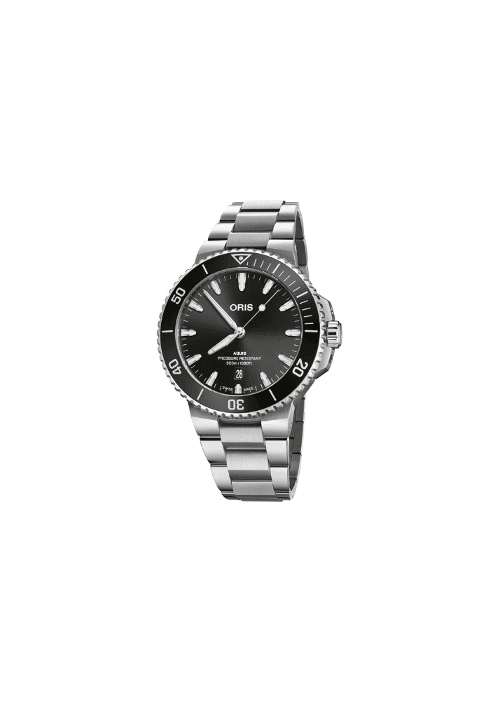 Orologio Oris Aquis in acciaio con quadrante nero e datario, bracciale maglie