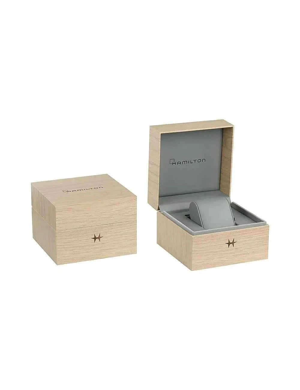 Cofanetto in legno per orologio con scatola aperta e cuscino grigio