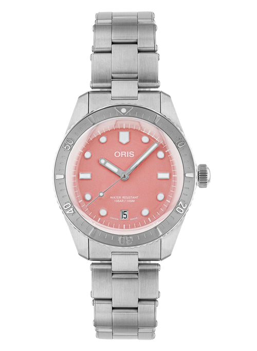 Orologio Oris con bracciale in acciaio, quadrante rosa e indicatori sul cinturino
