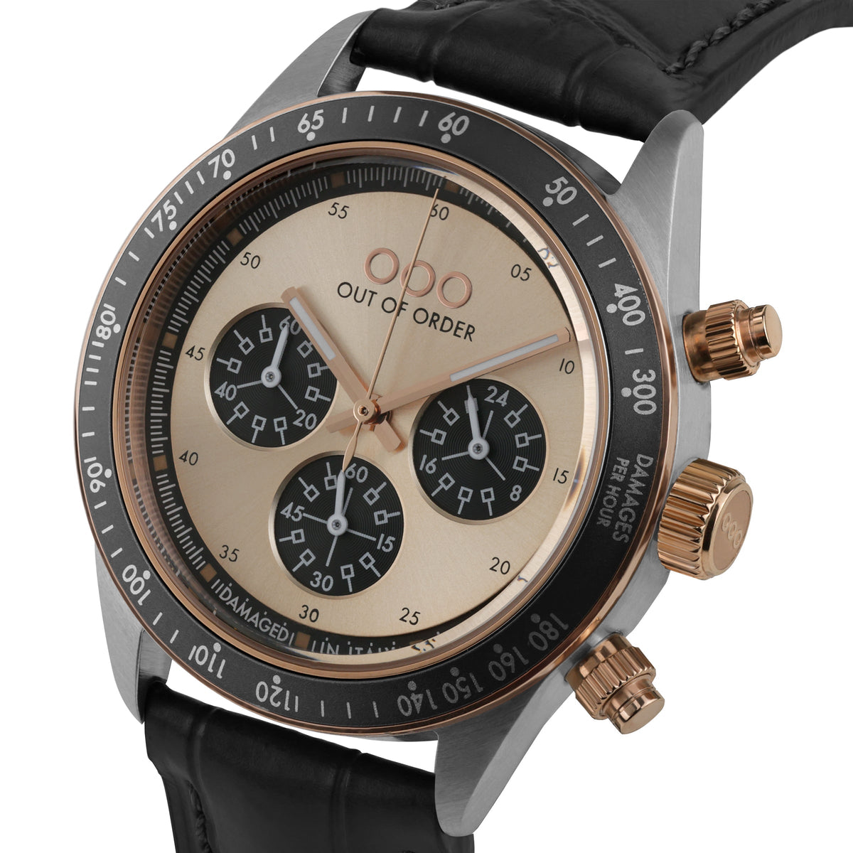 Orologio con cinturino nero e cassa argento, quadrante champagne e subquadranti.