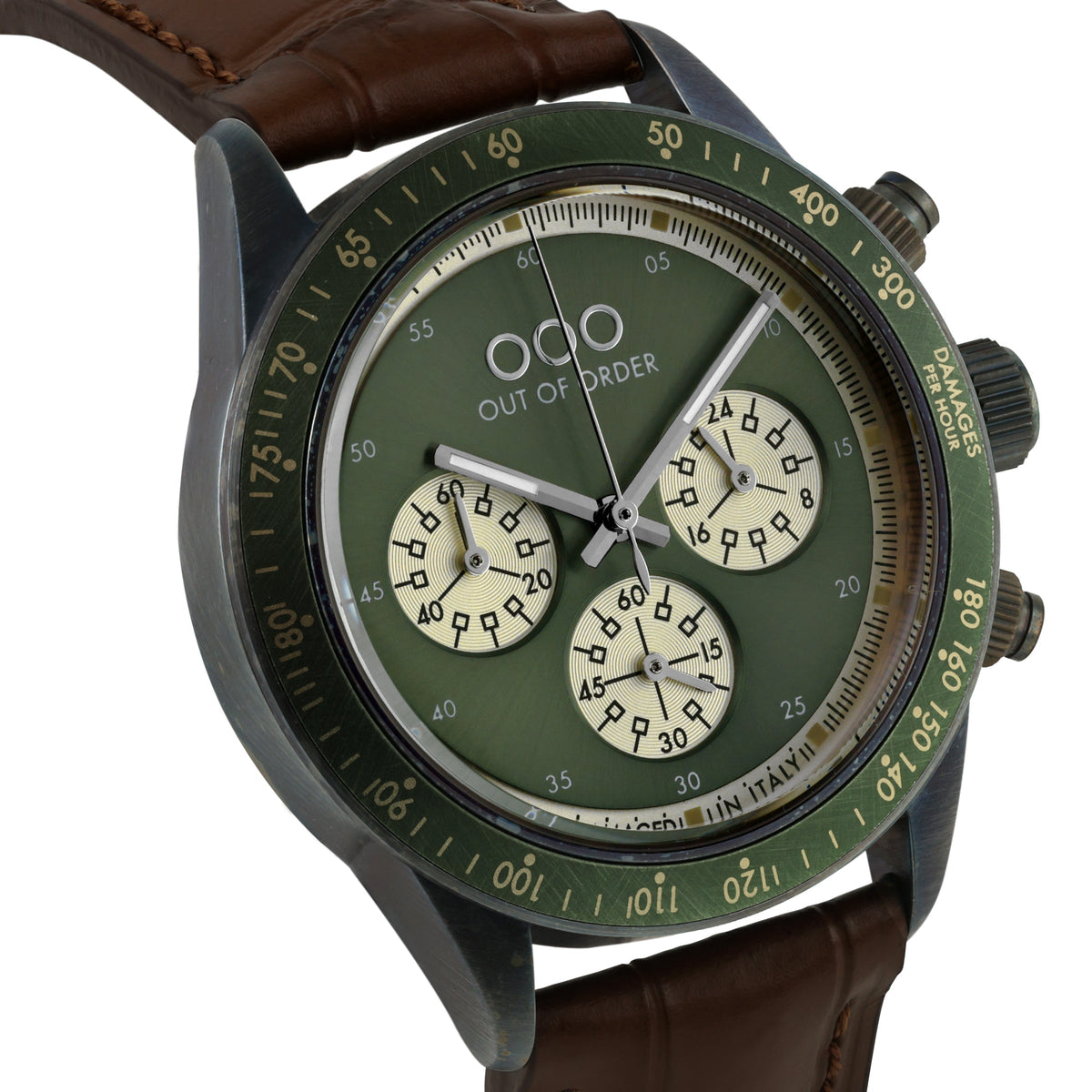 Out Of Order SuperVintage Chrono Limited Edition Unisex 42 mm Acciaio 316L Vintage Quadrante Verde Cronografo Miyota OS20 Vetro Rivestito Zaffiro Pelle Noce 100 m Ref. OOO.001-30.VE