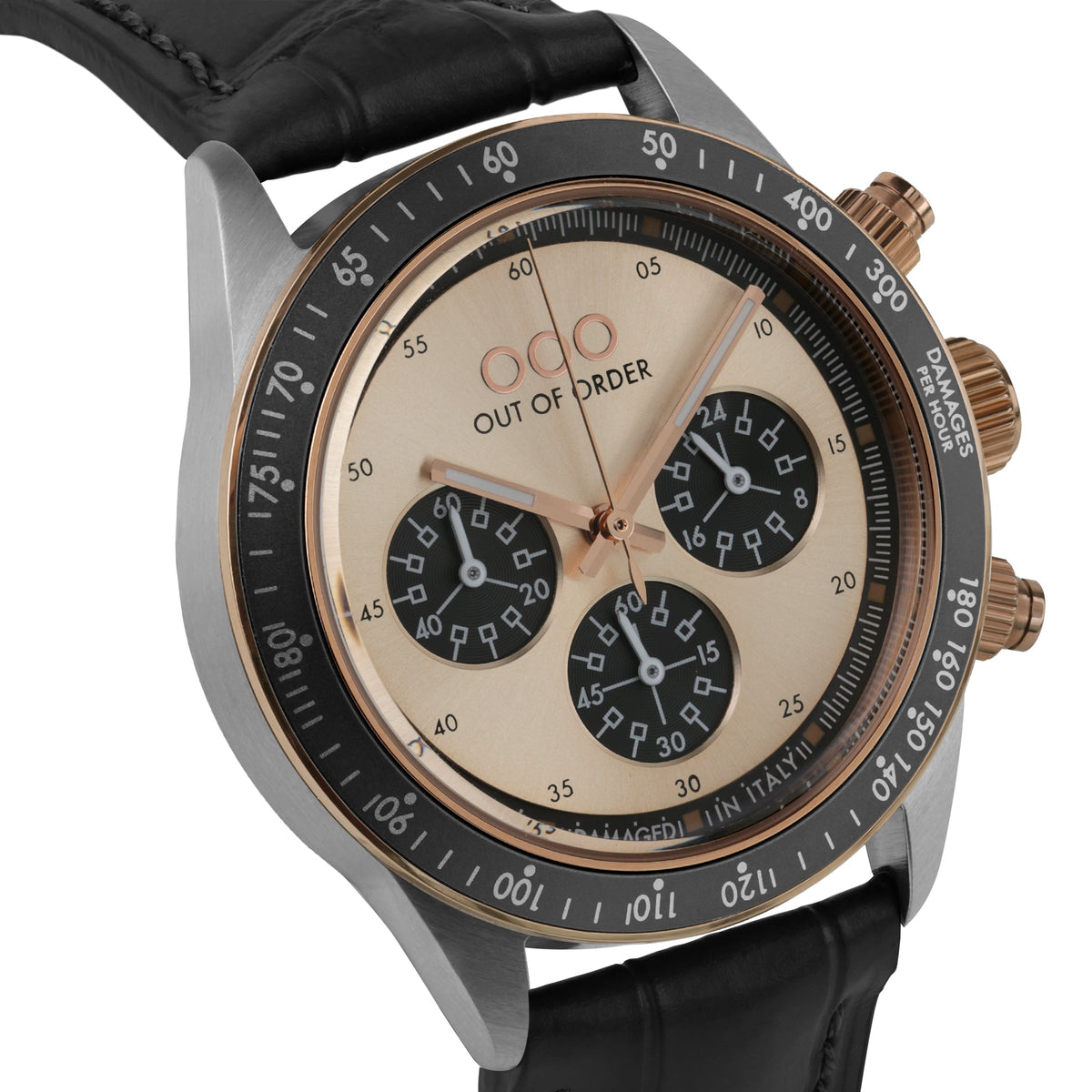 Orologio con cassa argento e dettagli rosé, quadrante champagne cronografo.