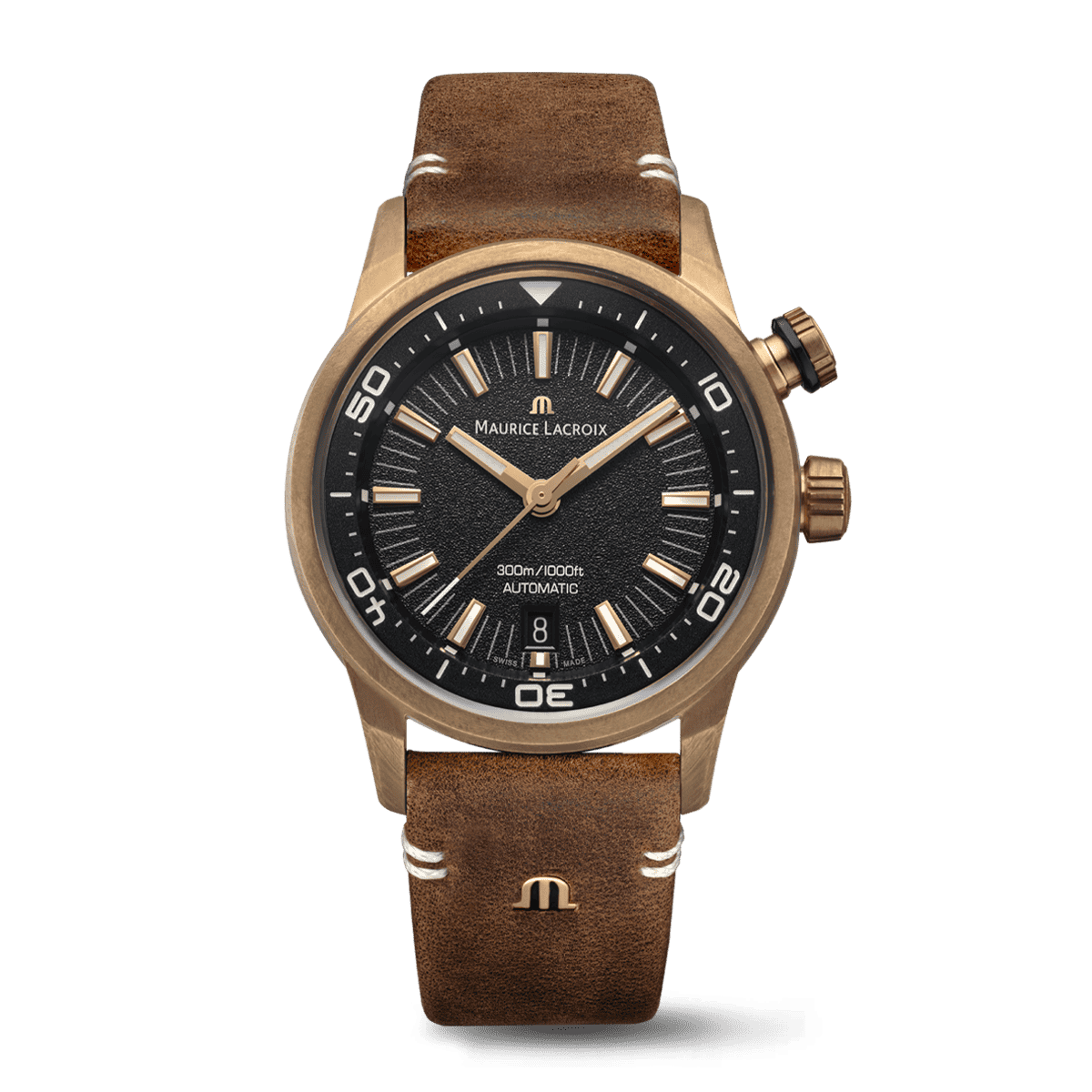 Maurice Lacroix Pontos S Diver Uomo 42mm Acciaio Quadrante Nero Automatico Calibro ML115 Vetro Zaffiro Lunetta Ceramica Diver Cinturino Pelle Marrone Data 600m Swiss Made Ref. PT6248-BRZ01-330-2 Oasi Watch