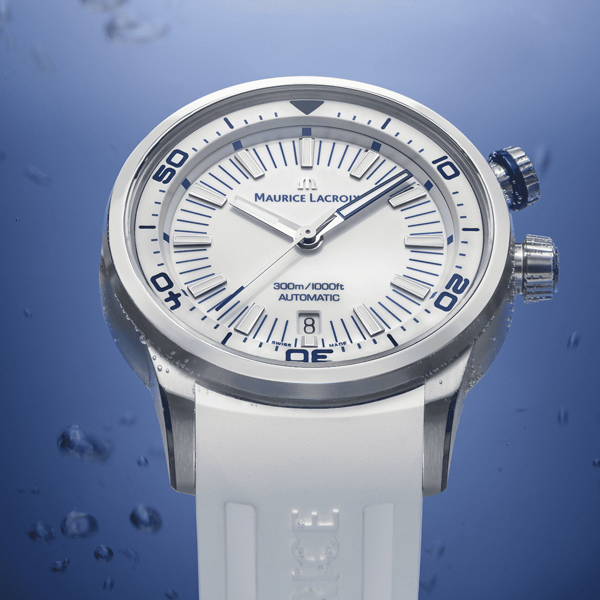 Maurice Lacroix Pontos S Diver Uomo 42mm Acciaio Quadrante Bianco Laccato Automatico Calibro ML115 Vetro Zaffiro Lunetta Diver Cinturino Gomma Bianco Data 300m Swiss Made Ref. PT6248-SS00L-130-4 Oasi Watch