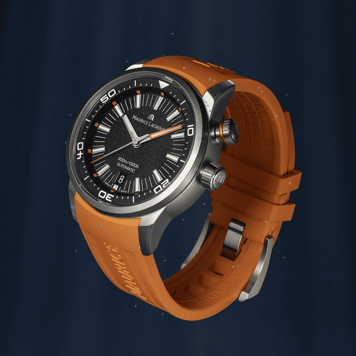 Maurice Lacroix Pontos S Diver Uomo 42mm Acciaio Quadrante Nero Automatico Calibro ML115 Vetro Zaffiro Lunetta Diver Interna Cinturino Gomma Arancione + Nylon Nero Data 300m Swiss Made Ref. PT6248-SS00L-330-J Oasi Watch