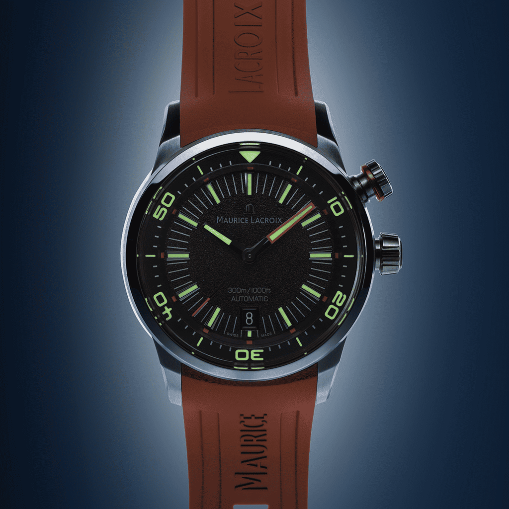 Maurice Lacroix Pontos S Diver Uomo 42mm Acciaio Quadrante Nero Automatico Calibro ML115 Vetro Zaffiro Lunetta Diver Interna Cinturino Gomma Arancione + Nylon Nero Data 300m Swiss Made Ref. PT6248-SS00L-330-J Oasi Watch