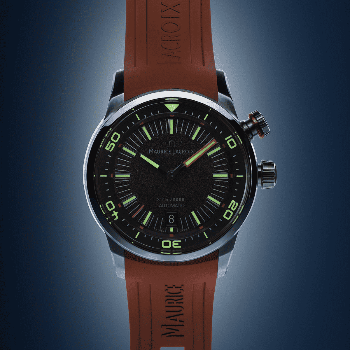 Maurice Lacroix Pontos S Diver Uomo 42mm Acciaio Quadrante Nero Automatico Calibro ML115 Vetro Zaffiro Lunetta Diver Interna Cinturino Gomma Arancione + Nylon Nero Data 300m Swiss Made Ref. PT6248-SS00L-330-J Oasi Watch