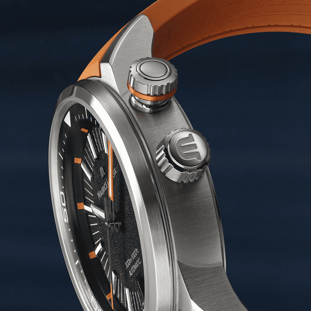 Maurice Lacroix Pontos S Diver Uomo 42mm Acciaio Quadrante Nero Automatico Calibro ML115 Vetro Zaffiro Lunetta Diver Interna Cinturino Gomma Arancione + Nylon Nero Data 300m Swiss Made Ref. PT6248-SS00L-330-J Oasi Watch