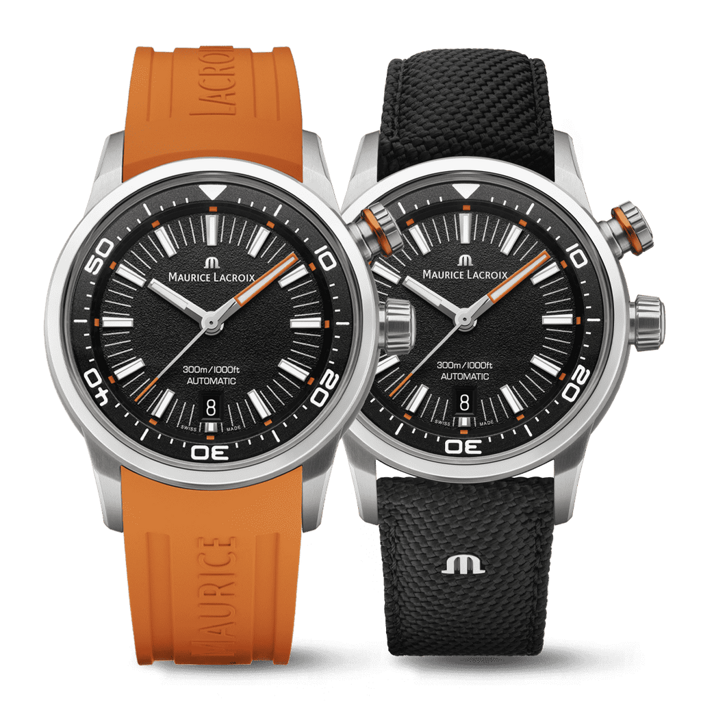 Maurice Lacroix Pontos S Diver Uomo 42mm Acciaio Quadrante Nero Automatico Calibro ML115 Vetro Zaffiro Lunetta Diver Interna Cinturino Gomma Arancione + Nylon Nero Data 300m Swiss Made Ref. PT6248-SS00L-330-J Oasi Watch