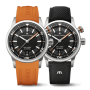 Coppia di orologi subacquei: uno con cinturino arancione e uno con cinturino nero