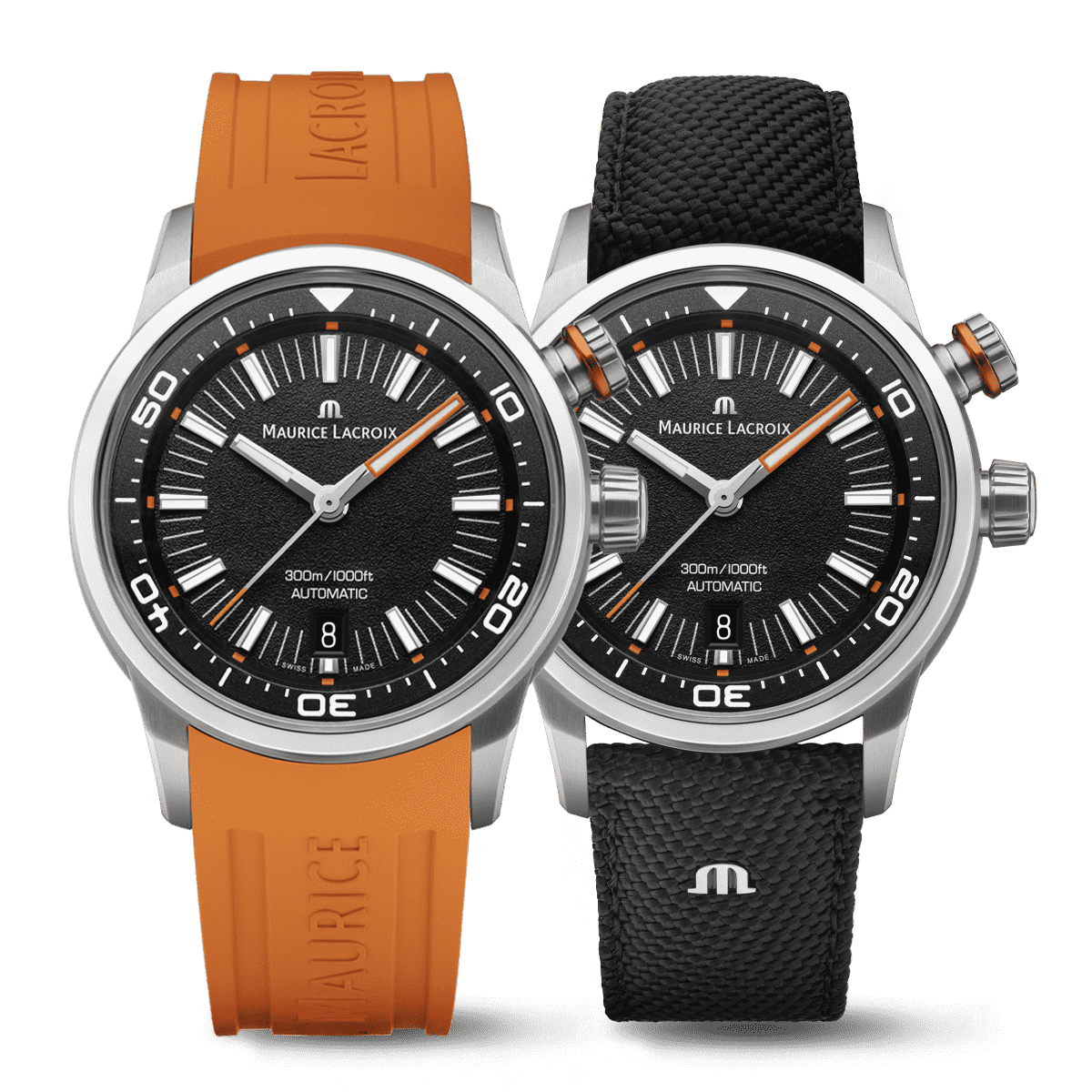 Maurice Lacroix Pontos S Diver Uomo 42mm Acciaio Quadrante Nero Automatico Calibro ML115 Vetro Zaffiro Lunetta Diver Interna Cinturino Gomma Arancione + Nylon Nero Data 300m Swiss Made Ref. PT6248-SS00L-330-J Oasi Watch