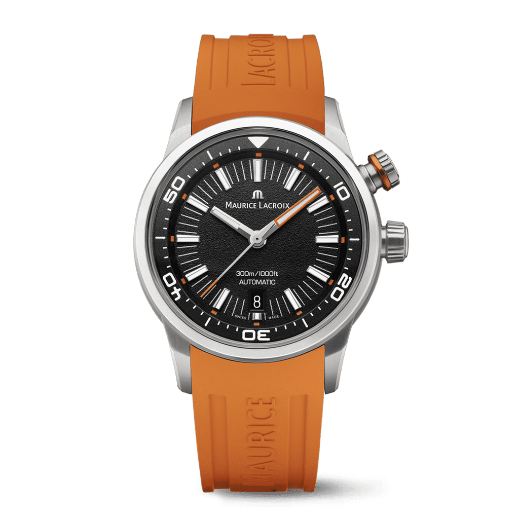 Maurice Lacroix Pontos S Diver Uomo 42mm Acciaio Quadrante Nero Automatico Calibro ML115 Vetro Zaffiro Lunetta Diver Interna Cinturino Gomma Arancione + Nylon Nero Data 300m Swiss Made Ref. PT6248-SS00L-330-J Oasi Watch