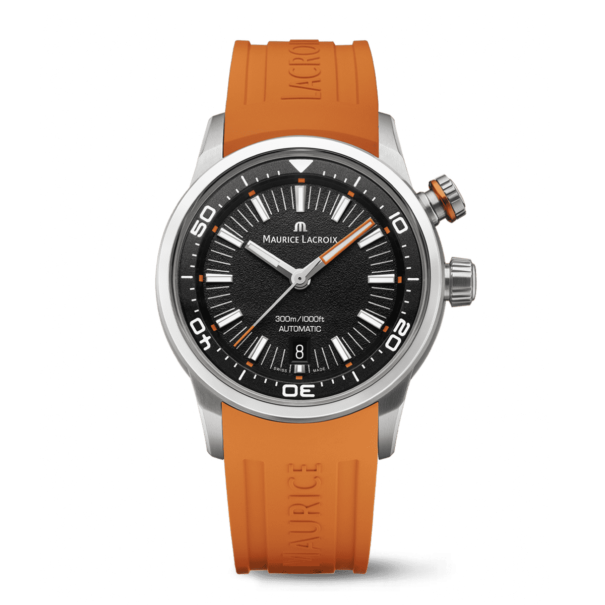 Maurice Lacroix Pontos S Diver Uomo 42mm Acciaio Quadrante Nero Automatico Calibro ML115 Vetro Zaffiro Lunetta Diver Interna Cinturino Gomma Arancione + Nylon Nero Data 300m Swiss Made Ref. PT6248-SS00L-330-J Oasi Watch