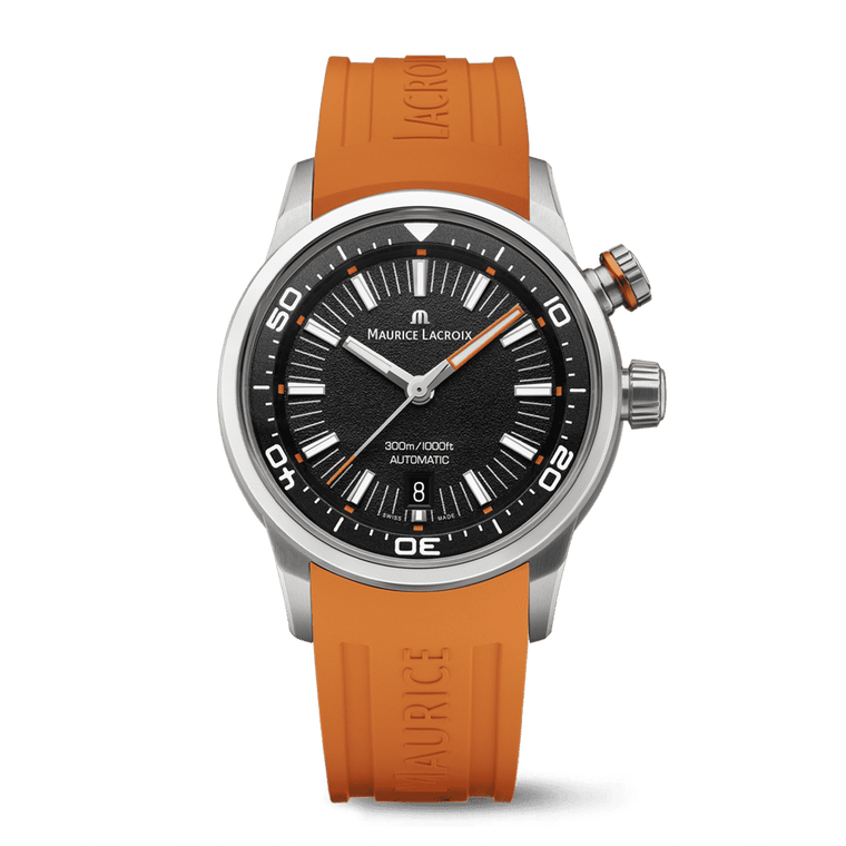 Maurice Lacroix Pontos S Diver Uomo 42mm Acciaio Quadrante Nero Automatico Calibro ML115 Vetro Zaffiro Lunetta Diver Interna Cinturino Gomma Arancione + Nylon Nero Data 300m Swiss Made Ref. PT6248-SS00L-330-J