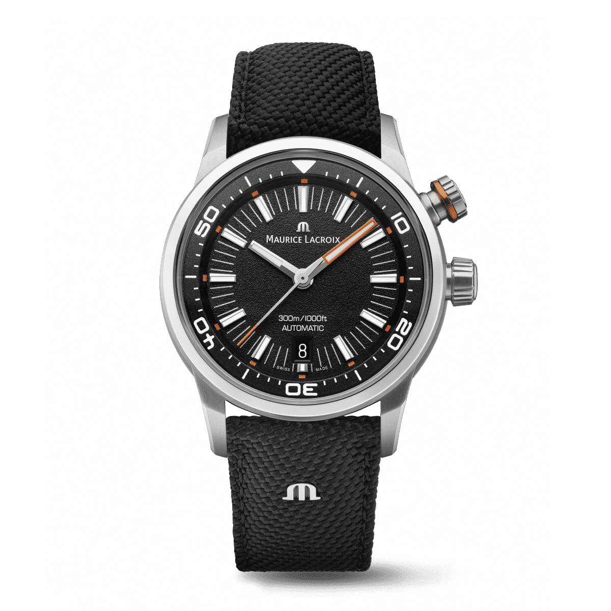 Maurice Lacroix Pontos S Diver Uomo 42mm Acciaio Quadrante Nero Automatico Calibro ML115 Vetro Zaffiro Lunetta Diver Interna Cinturino Gomma Arancione + Nylon Nero Data 300m Swiss Made Ref. PT6248-SS00L-330-J Oasi Watch