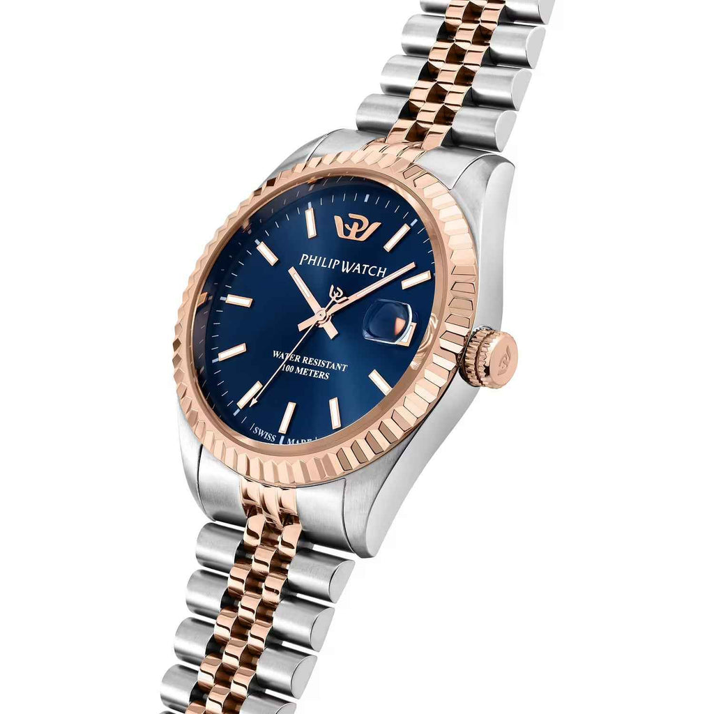 Orologio Philip Watch quadrante blu con lunetta rosé e bracciale bicolore acciaio