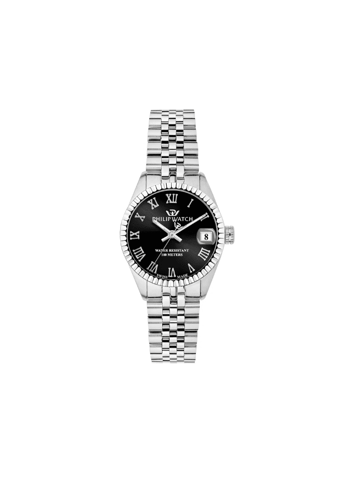 Orologio da donna con quadrante nero e bracciale in maglia d’acciaio