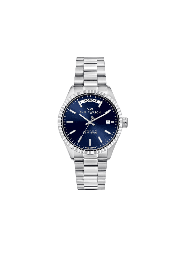 Orologio automatico con quadrante blu, cassa e bracciale in acciaio, 39 mm