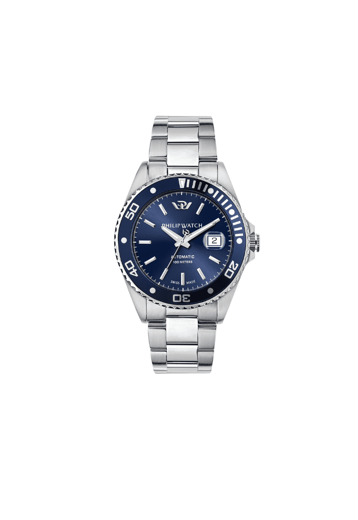 Orologio automatico acciaio con quadrante blu, lunetta numerata e bracciale a maglie