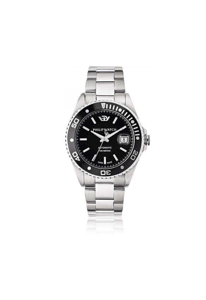Orologio Philip Watch automatico con quadrante nero e bracciale in acciaio, vista frontale