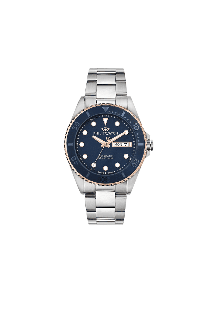 Orologio subacqueo automatico: quadrante blu, bracciale in acciaio, cassa 42 mm.