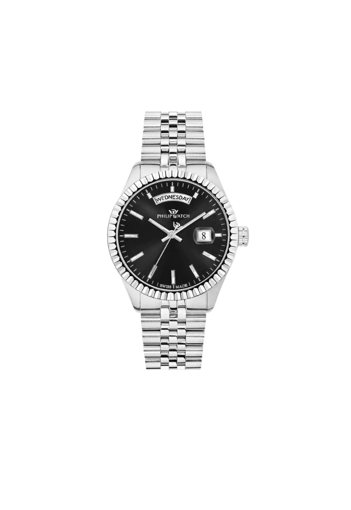 Orologio Philip Watch Caribe day-date al quarzo con quadrante nero e bracciale acciaio