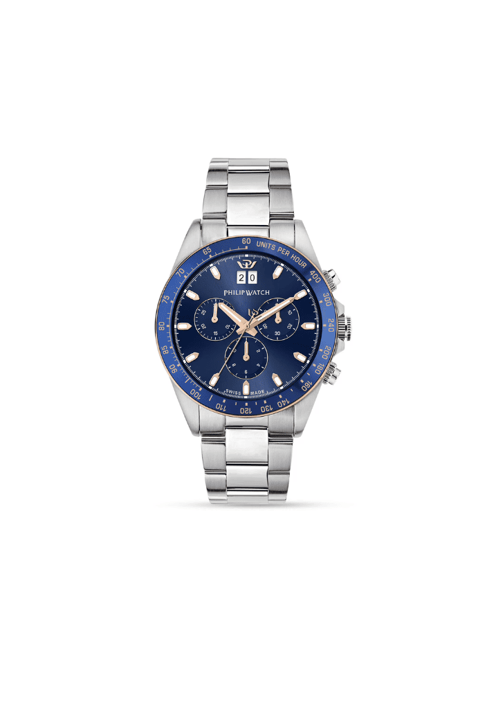 Orologio sportivo con quadrante blu e bracciale in acciaio, cronografo, 42 mm
