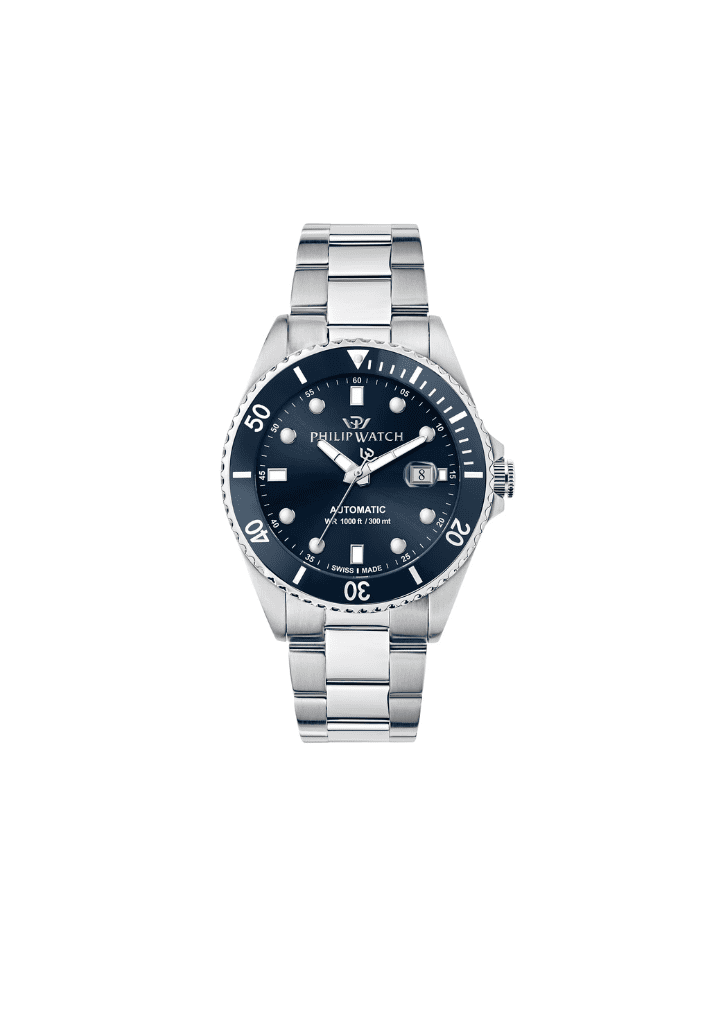 Orologio subacqueo con quadrante blu, lunetta nera e bracciale in acciaio