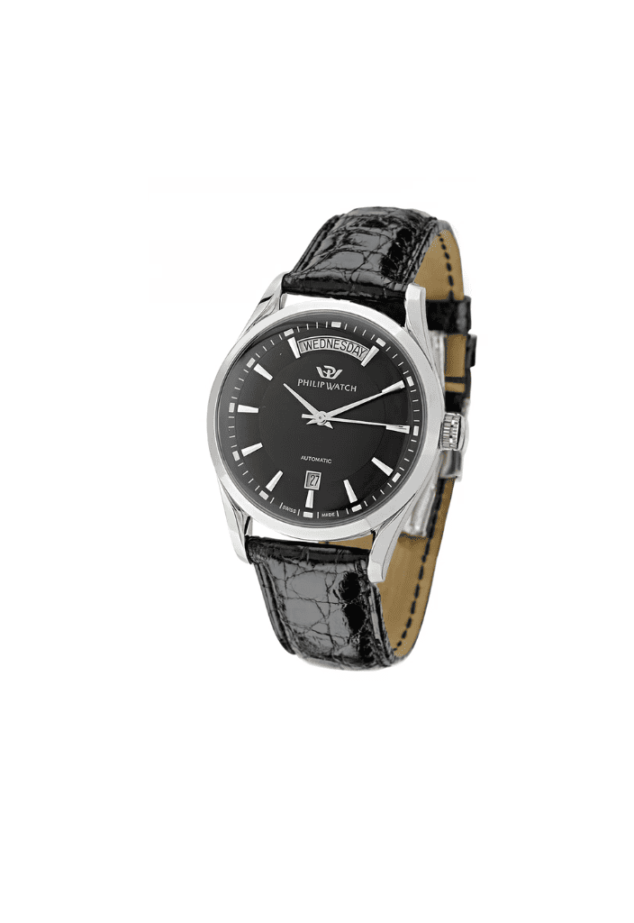 Orologio automatico con quadrante nero, cassa tonneau in acciaio e cinturino in pelle nera