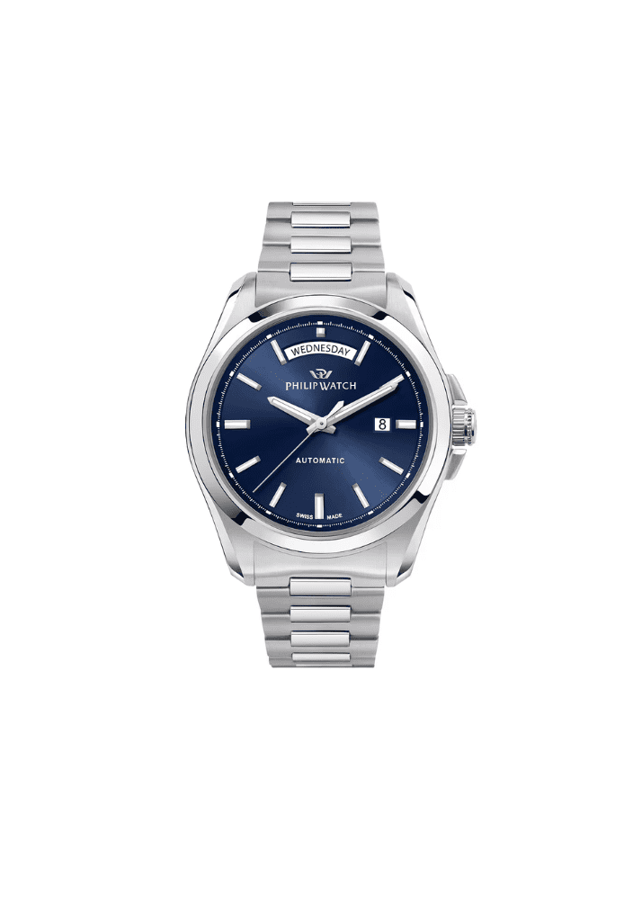 Orologio automatico da polso in acciaio con quadrante blu e bracciale a maglie