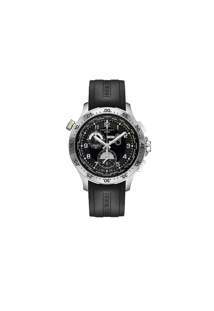 Orologio cronografo nero, quadrante nero, cassa acciaio e cinturino caucciù