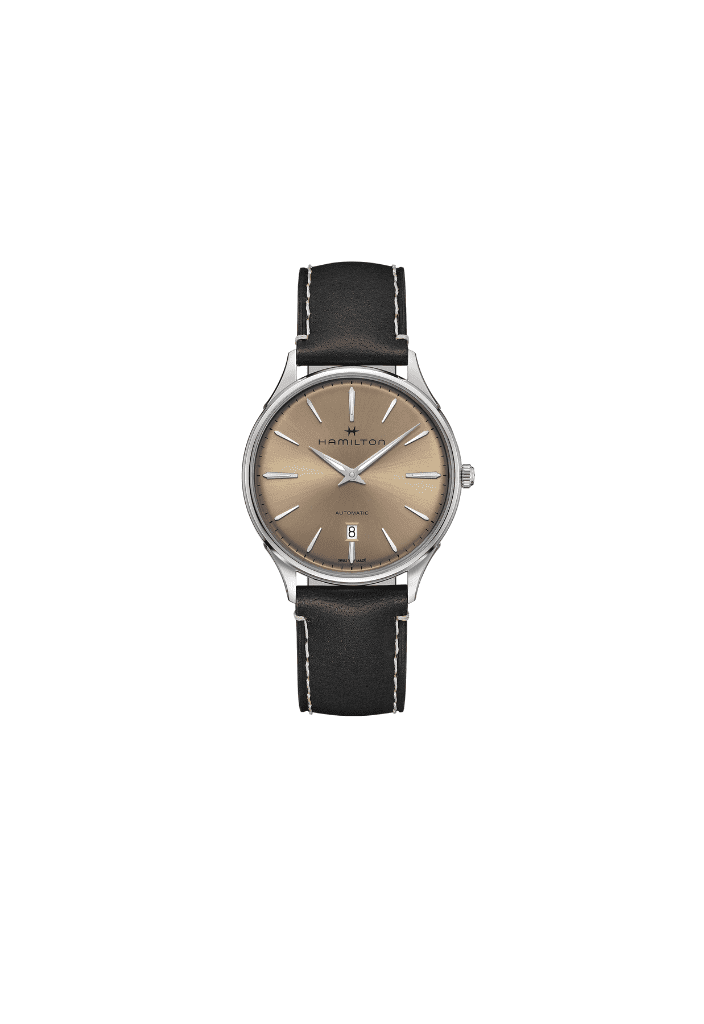 Orologio automatico Hamilton Jazzmaster con quadrante champagne e cinturino nero in pelle.
