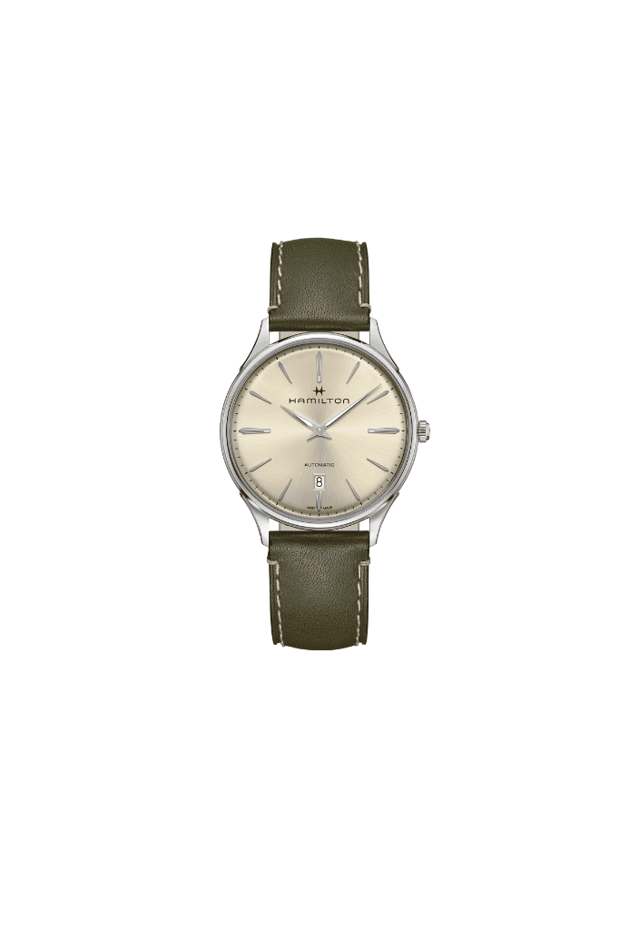 Orologio automatico sottile con quadrante avorio e cinturino in pelle verde oliva