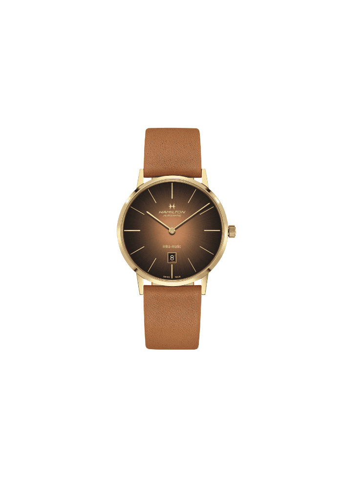 Orologio automatico Hamilton: quadrante marrone, cassa PVD giallo, cinturino marrone