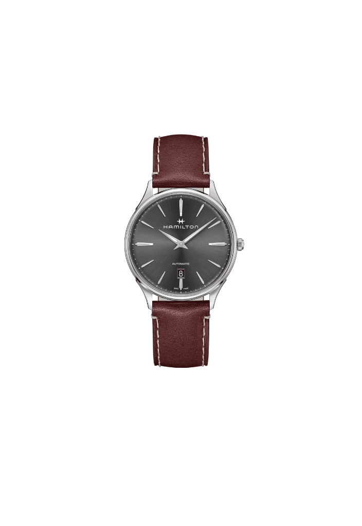 Orologio automatico da polso, quadrante grigio e cinturino in pelle marrone