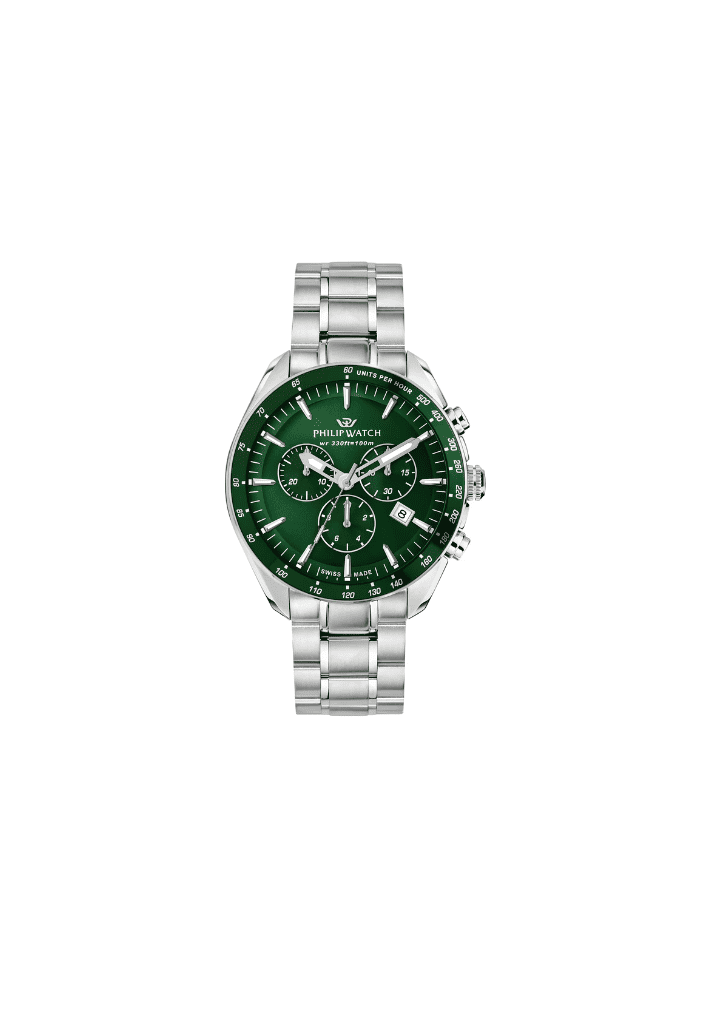Orologio uomo con quadrante verde e bracciale in acciaio, cronografo e datario