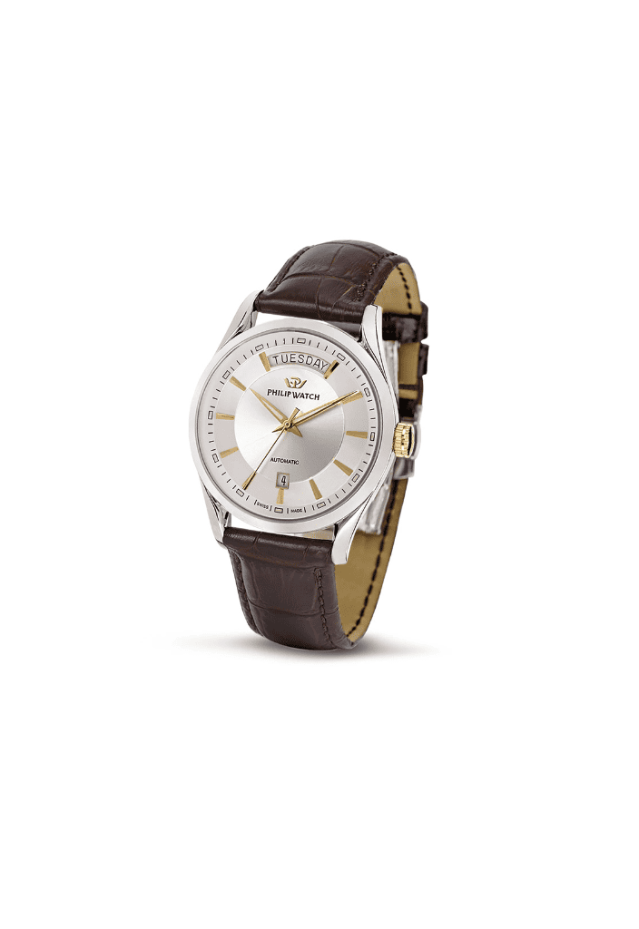 Orologio automatico con cassa acciaio argento e quadrante silver, cinturino pelle marrone